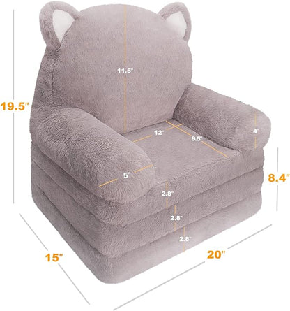 Kids Couch Fold Out Soft Toddler Chairs,Toddler Armrest Chair Bed for Play,Gift for 0-3 Years,Grey Kitty