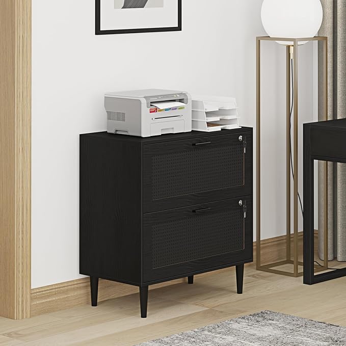 2 Drawer File Cabinet, Lateral File Cabinet with Lock, Rattan Wood Filing Organization Cabinet for Home Office, Black