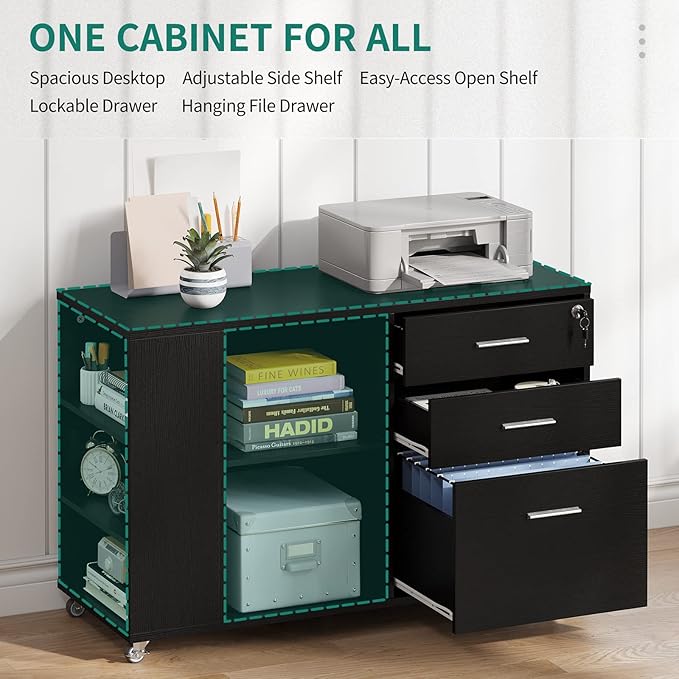 YITAHOME File Cabinet, Mobile Lateral Filing Cabinet with Lock for Home Office, Printer Stand with Open Storage Shelf, Fits A4, Letter, Legal Size Files, Office Furniture, Black