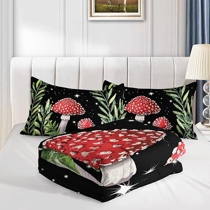 Galaxy Mushroom Comforter Set Queen Size Kids Mushroom Bedding Set Leaves Quilt Bed Set for Boys Girls Adults with 1 Comforter and 2 Pillowcases