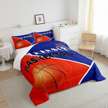 Erosebridal Basketball Twin Bedding Sets for Boys Girls Basketball Player Comforter Set Sports Bedding Comforter Sets for Kids Teen Orange Blue Geometric Quilt Duvet 1 Pillow Case Bedroom Dorm Decor
