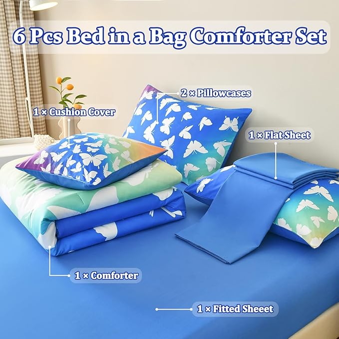 Butterfly Bedding Set Full, Blue Butterfly Comforter Set for Girls Kids Teens 6 pcs Bed in a Bag Full Bedding Sets for Girls