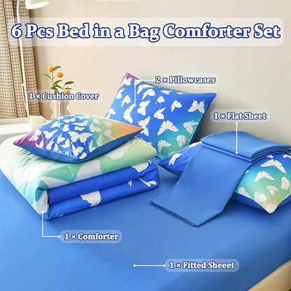 Butterfly Bedding Set Full, Blue Butterfly Comforter Set for Girls Kids Teens 6 pcs Bed in a Bag Full Bedding Sets for Girls
