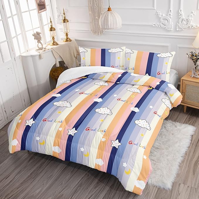 Datura home Cloud Stylish Comforter Bedding Set for Kids Children,Boys and Girls coulorful Stripe with Dot Cute Sky Bedding Set with 1 Comforter and 2 Pillowcases(Cloud Twin)