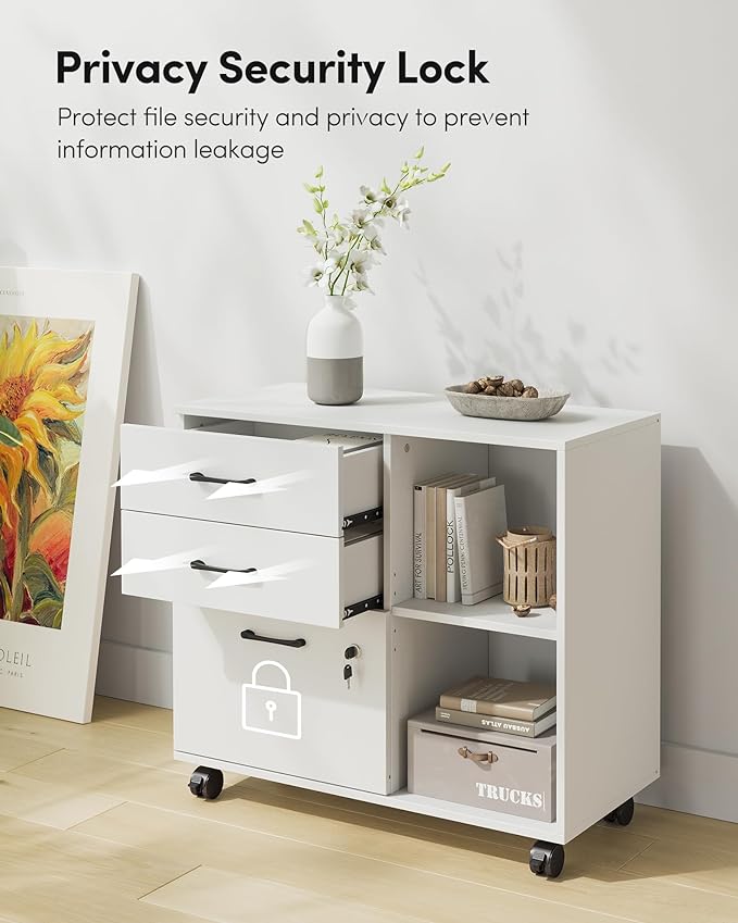 FEZIBO 3-Drawer Mobile File Cabinet, Lateral Filing Cabinet with Lock, Printer Stand with Open Storage Shelves for Home Office, Filing Cabinets for Home Office, White