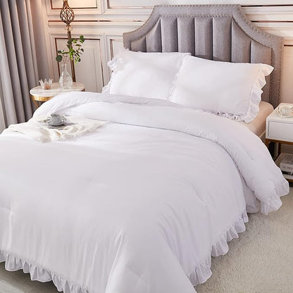 Andency White King Size Comforter Set, 3 Pieces Solid Farmhouse Shabby Chic Bedding Comforters & Sets, All Season Western Rustic Soft Down Alternative Bed Set for Adult Men Women