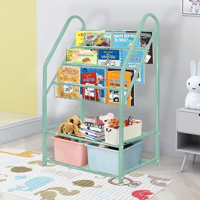 aboxoo Metal Kids Bookshelf Green Bookcase Freestanding for Children Room 24 in Toy Organizer Green Stable Bookcase Bookstore Library Book Unit Storage