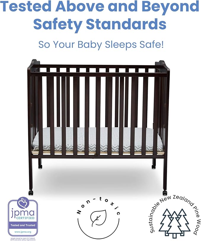 Delta Children Folding Portable Mini Baby Crib with 1.5-inch Mattress, Dark Chocolate