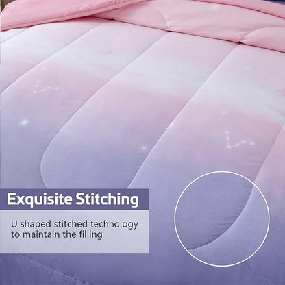 Girls Comforter Set Queen Size 7 Pieces Bed in A Bag Ombre Pink Purple Rainbow Bedding Set Collections for Teen Women (1 Comforter, 1 Flat Sheet, 1 Fitted Sheet, 2 Pillow shams, 2 Pillowcases)