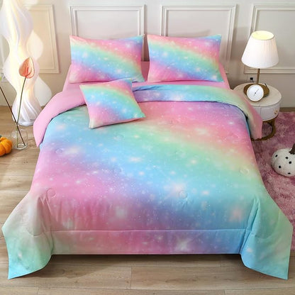 JQinHome Glitter Bedding Set Twin Size,6 Piece Bed in A Bag 3D Colorful Rainbow Galaxy Comforter Set for Girls Kids-All Season Microfiber Tie-Dye Bedding Sets(Rainbow)
