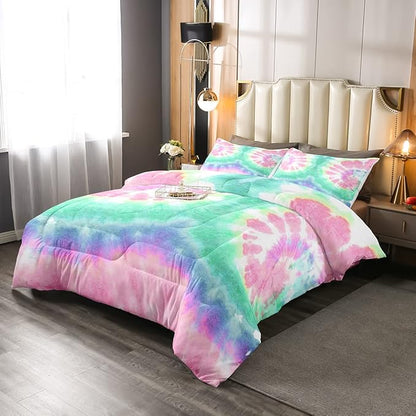 Erosebridal Kids Tie Dye Comforter Set, Bohemian Psychedelic Duvet Sets Queen Size for Girls Boys Teens Women Bedroom, Boho Gypsy Spiral Bedding Set Watercolor Trippy Duvet Insert, Pink Teal Blue