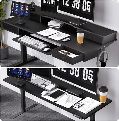 Electric Standing Desk, 55 Inches Height Adjustable Desk with Monitor Shelf, Large Sit Stand Desk with Drawers, Smart Home Office Computer Desk, Classic Black