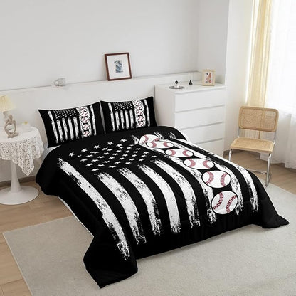 Feelyou Baseball Comforter American Flag Comforter Set Kids Boys Baseball Sports Games Bedding Set Children Girls Teens Black and White Ball Microfiber Quilt Set Room Decor for All Season Queen Size