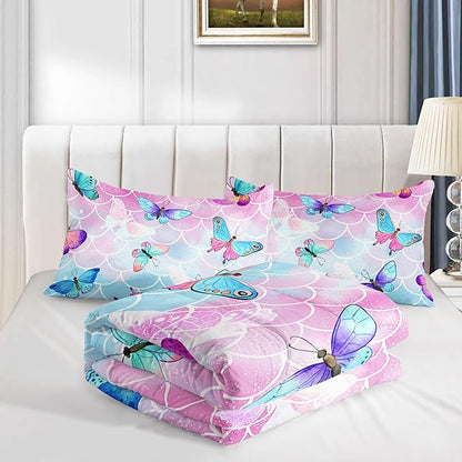 Datura home Kids Comforter Set Mermaid Scale Butterfly Printed Pattern Bedding Set with 1 Comforter and 2 Pillowcases for Girls Boys Bedroom All Season(Mermaid Full)
