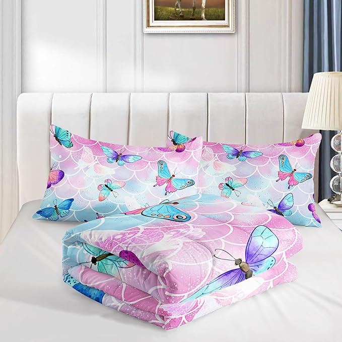 Datura home Kids Comforter Set Mermaid Scale Butterfly Printed Pattern Bedding Set with 1 Comforter and 2 Pillowcases for Girls Boys Bedroom All Season(Mermaid Twin)