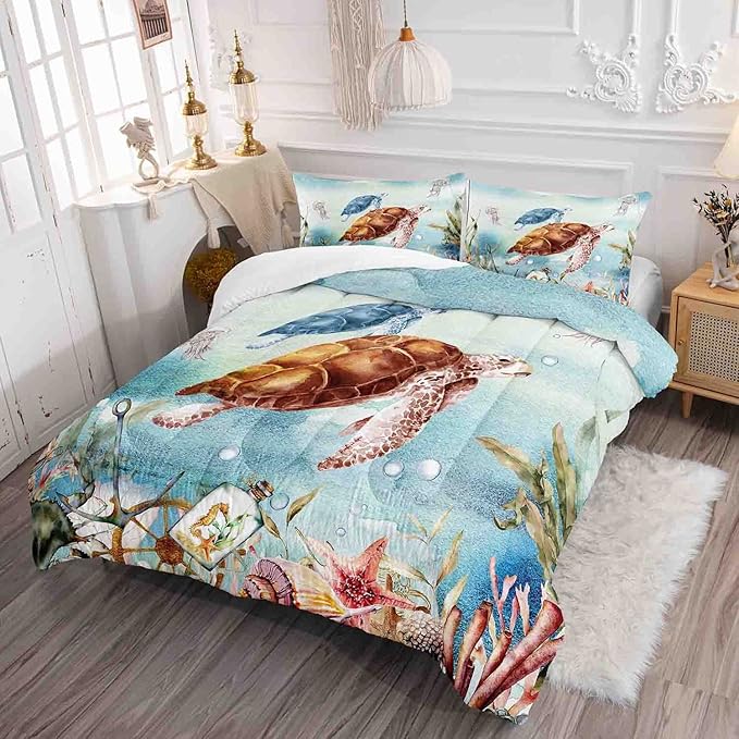Datura home Sea Turtle Bedding Comforter Set for Boys Girls Teens Children Adults,Watercolor Sea Creatures Blue Ocean Theme Bedding Set with 1 Comforter and 2 Pillowcases(Turtle Full)