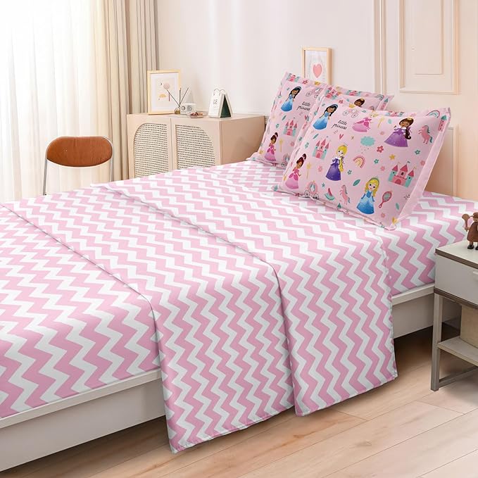 Kids Magical Princess Comforter Set Bed in a Bag Full Size- 5 Piece Soft Cute Castle Bedding Set for Girls (1 Comforter, 1 Flat Sheet, 1 Fitted Sheet, 2 Pillowcases), Pink