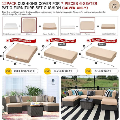 ClawsCover 12 Pack Outdoor Patio Seat and Back Cushions Replacement Covers Fit for 7Pieces 6-Seater Wicker Rattan Furniture Conversation Set Sectional Couch Chair,Light Khaki-Include Cover Only