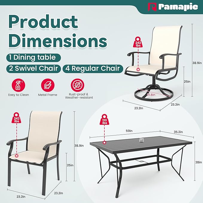 Pamapic 7 Pieces Patio Dining Set, Outdoor Dining Set for Garden Backyard Poolside Deck,Outdoor Table and Chairs Set with 4 Textilene Swivel Chairs ＆ 2 Regular Chairs,Beige