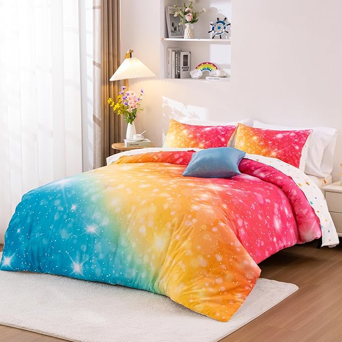 A Nice Night Gradient Glitter 6Pcs Bed in A Bag Bedding Set for Girls Twin Size, Colorful Rainbow Galaxy Comforter Set, Ultra Soft Bedding Sets, YellowBlue