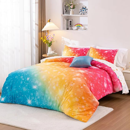 A Nice Night Gradient Glitter 6Pcs Bed in A Bag Bedding Set for Girls Full Size, Colorful Rainbow Galaxy Comforter Set, Ultra Soft Bedding Sets, YellowBlue