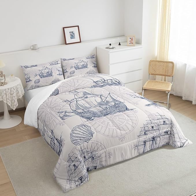 Nautical Comforter Set Sailboat Down Comforter Twin,Blue White Vintage Style Quilted Duvet Set Luxury Anchor Crab Pattern Bedding Insert Set for Kids, Adult Teen Boys Girls Bedroom Ocean Beach Decor