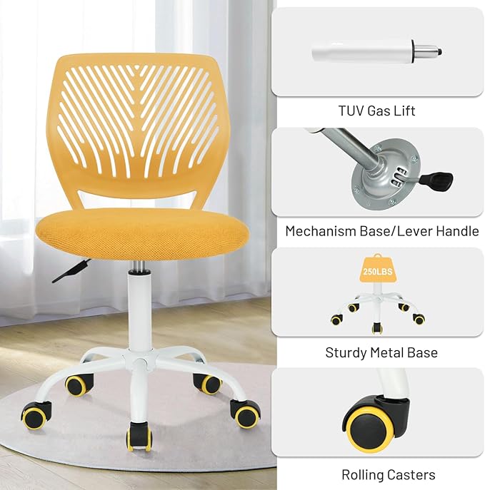 FurnitureR Kids Desk Chair, Small Adjustable Swivel Computer Task Chair with Plastic Backrest and Padded Seat Cushion, Fabric Armless Cute Rolling Child Office Chairs Study Chair, Yellow