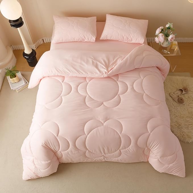 Pink Flower Comforter Queen Pink Sunflower Print Bed Queen Comforter Set 3 Pieces Dark Pink Floral Comforter Set for Women Girls Bedroom Decor All Season Hotel Quality Comforter Set