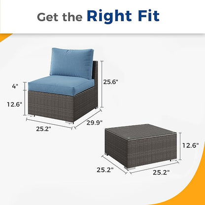 Wisteria Lane 2 Pieces Patio Furniture Sets, Outdoor Sectional Furniture with Armless Sofa, Tempered Glass Table and Cushion, Patio Conversation Sets for Garden Backyard, Blue