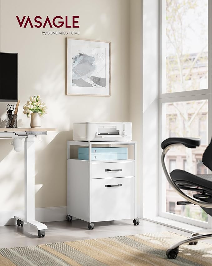 VASAGLE File Cabinet, Mobile Filing Cabinet with Wheels, 2 Drawers, Open Shelf, for A4, Letter Size, Hanging File Folders, Cloud White UOFC071W14