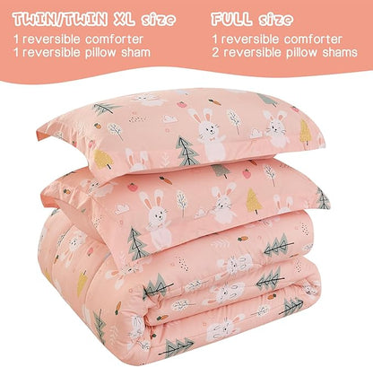 Pink Bunny Kids Comforter Set for Girls Full Size, Cute Reversible Quilted Printed Woodland Bedding Set with Pillow Sham, Lightweight Soft Breathable Machine Washable Bed Set 3 Piece