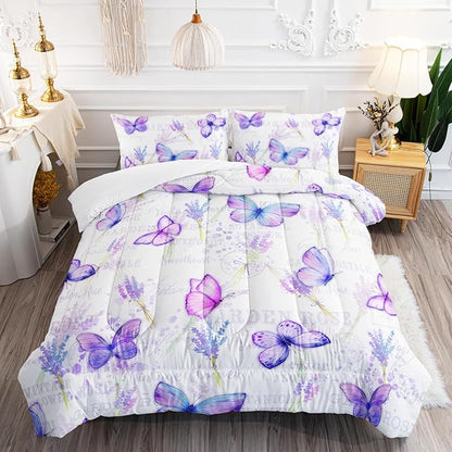 Purple Butterfly Comforter Set Queen Size for Girls Kids Adults Lavender Flowers Pattern Bedding Set Aesthetics Butterflies Quilt Bed Set with 1 Comforter and 2 Pillowcases