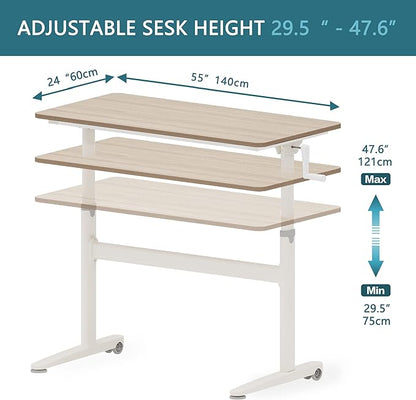 Manual Standing Desk Adjustable Height- Crank Mobile Standing Desk 55 x 24 Inches Sit Stand Desk Frame & Top, Stand Up Desk on Wheels, Computer Desk White Frame & Maple