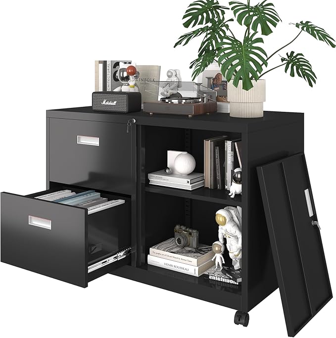 Metal File Cabinet Printer Stand with 2 lockable full extension drawers and 1 lockable door, adjustable shelf, for Home office and Study room Organizer Letters/Legal/A4,BLACK