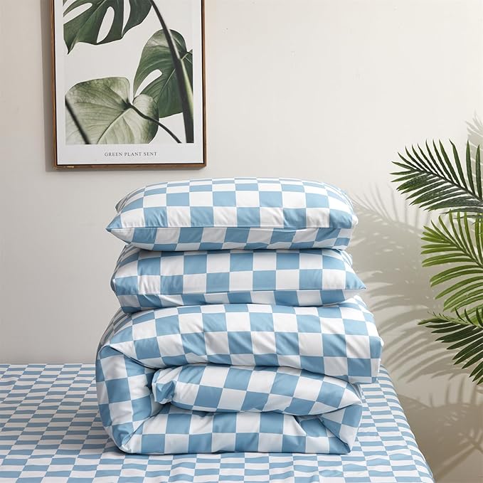 Blue White Grid Comforter Set Queen Blue Plaid Bedding Set Women Blue and White Checkered Bed Comforter Set Breathable Blanket Set Men Durable Bedding Comforter Set