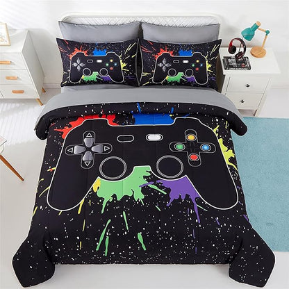 KAKKI 5 Piece Boys Full Gamer Comforter Set with Sheets, 3D Colorful Video Game Controller Comforter for Kids Teen, All Season Soft Microfiber Gaming Bedding Set(Black,Full)