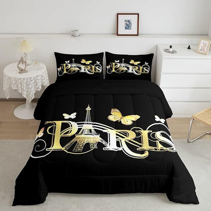 Eiffel Tower Comforter Chic Paris Theme Bedding Set for Kids Boys Girls Butterfly Paris Cityscape Printed Comforter Set Modern French Style Duvet Set Golden Black Bedroom Decor Quilt Set Full Size