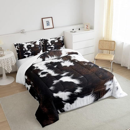 Brown Cowhide Comforter Set King,Black White Aztec Cow Print Bedding Set Western Farmhouse Animal Fur Down Comforter for Kids Boys Girls,Rustic Cowboy Quilt Duvet Set 2 Pillow Cases Bedroom Decor