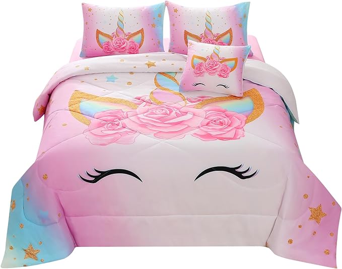 JQinHome Unicorn Queen Bedding Sets for Girls Kids,6 Piece Bed in A Bag 3D Colorful Flower Girl Unicorn Comforter Set(1 Comforter,2 Pillowcases,1 Flat Sheet,1 Fitted Sheet,1 Cushion Cover)