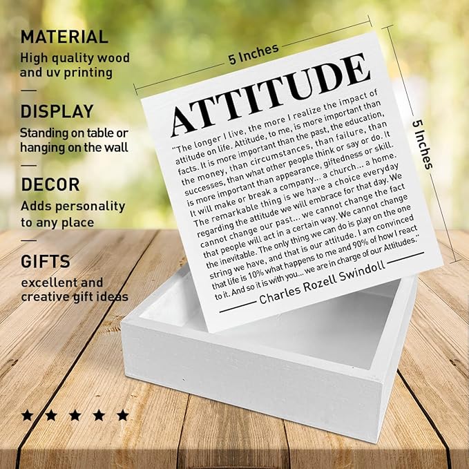 Home Office Desk Wooden Box Sign Decor, We Are in Charge of Our Attitudes, Inspirational Book Quotes Desk Decor Motivational Desk Decorations for Women Men Student Office Classroom School