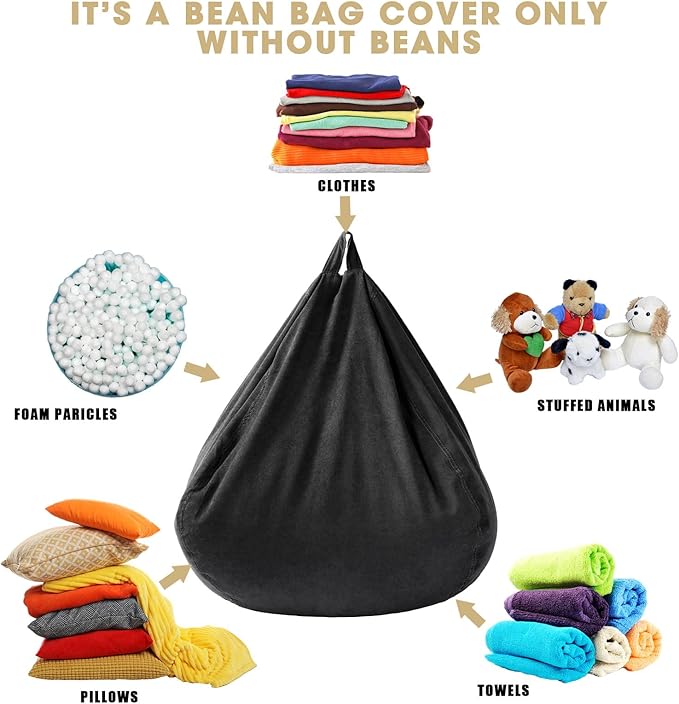 2 Pcs Bean Bag Cover Stuffed Animal Storage Bean Bag Chair Cover Soft Corduroy Stuffed Animal Bean Bag Storage for Kids Adults Indoor Bedroom Organizing Plush Toys(Black, 200L)
