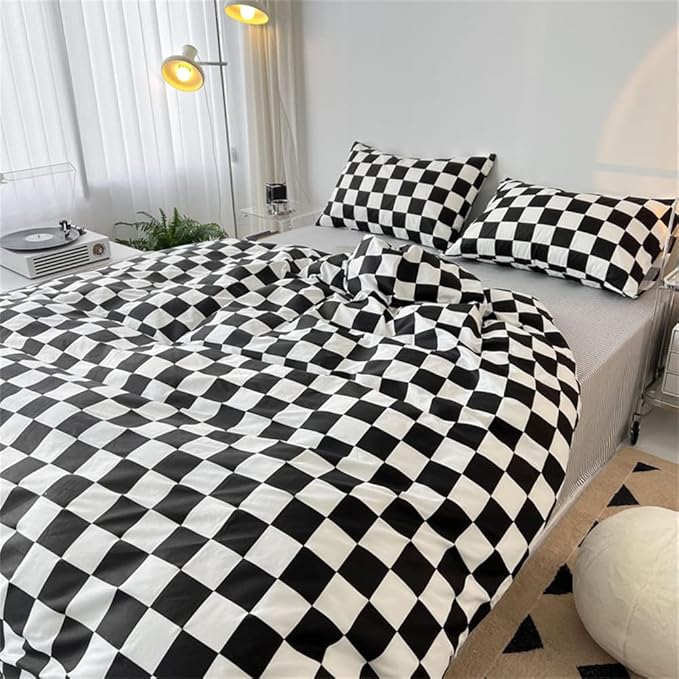 Wellboo Black White Plaid Comforter Sets King Women Men Black and White Checkerboard Grid Bedding Comforters Cotton Boys Girls Modern Black Checkered Geometric Quilts Luxury Abstract White Bedding