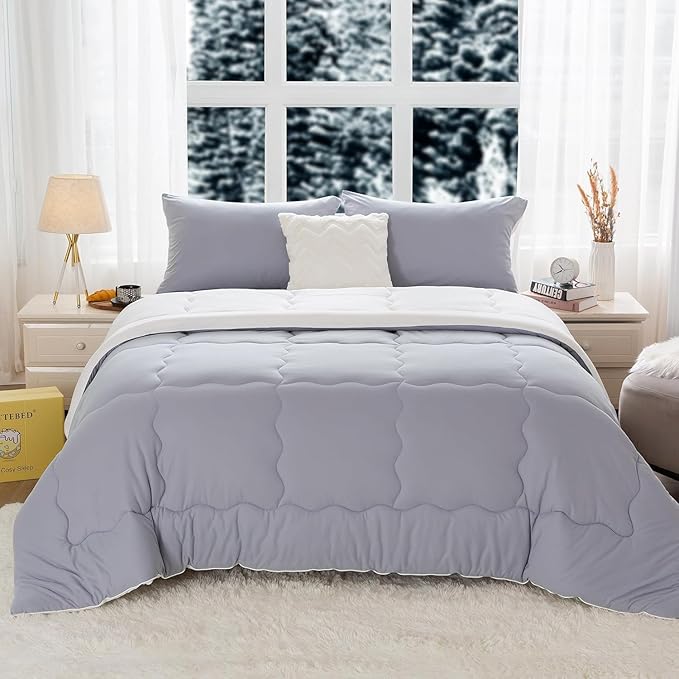 COTTEBED Grey White Warm Reversible Comforter Sets King Size Bed, Winter Milk Cup Super Soft Breathable Fluffy 1 Bedding Down Alternative Comrter & 2 Pillowcase California Cal/King