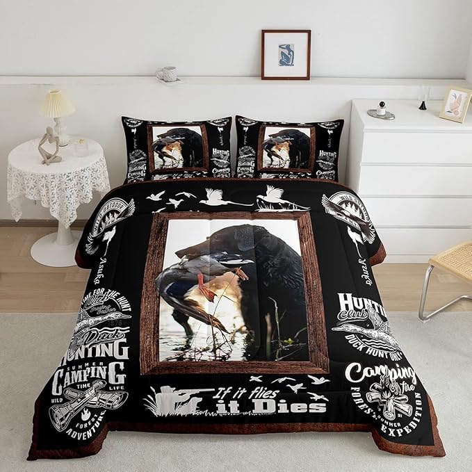 Feelyou Duck Hunting Comforter Hunting and Fishing Bedding Set for Kids Boys Girls Dog Hunter Comforter Set Wild Animal Inner Fill Duvet Set 1 Comforter Set with 2 Pillowcases King Size