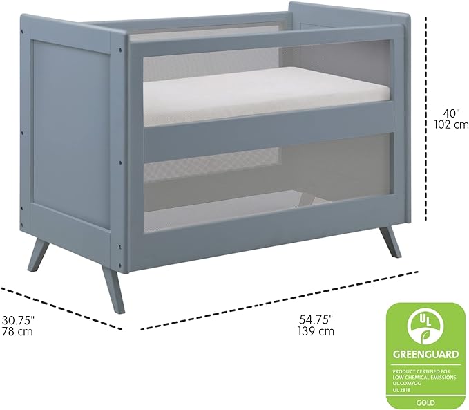 BreathableBaby Breathable Mesh 3-in-1 Convertible Crib (Toddler Bed Kit Sold Separately) — Steel Gray — Two Adjustable Mattress Heights — Greenguard Gold Certified