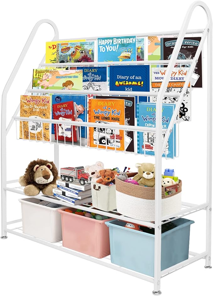 aboxoo Metal Kids Bookshelf Freestanding Bookcase for Children Room 32 in Large Toy Organizer Modern MinimalistWhite Stable Metel Bookstore Bedroom, Living, Library Book Unit Storage