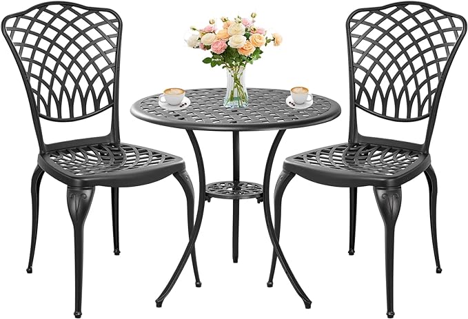 Black Cast Aluminum Bistro Set 3 Piece Outdoor,Small Patio Table and Chairs with Umbrella Hole,Outdoor Bistro Set for Front Porch Set Woven Patio Set for Garden,Yard(Black)