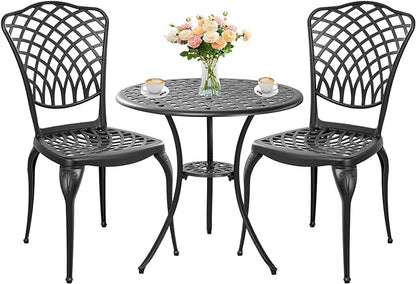 Black Cast Aluminum Bistro Set 3 Piece Outdoor,Small Patio Table and Chairs with Umbrella Hole,Outdoor Bistro Set for Front Porch Set Woven Patio Set for Garden,Yard(Black)