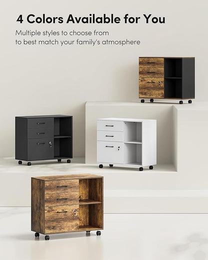 FEZIBO 3-Drawer Mobile File Cabinet, Lateral Filing Cabinet with Lock, Printer Stand with Open Storage Shelves for Home Office, Filing Cabinets for Home Office, Vintage&Black