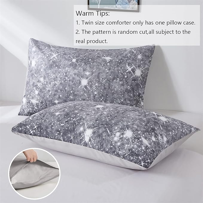 Grey Glitter Comforter Set Twin Size for Boys Teen, Sparkle Galaxy Twinkle Starlight Comforter for Kids Adult, 2 Piece Black Grey Ombre Bedding Set with 1 Pillow Case(Grey,Twin)